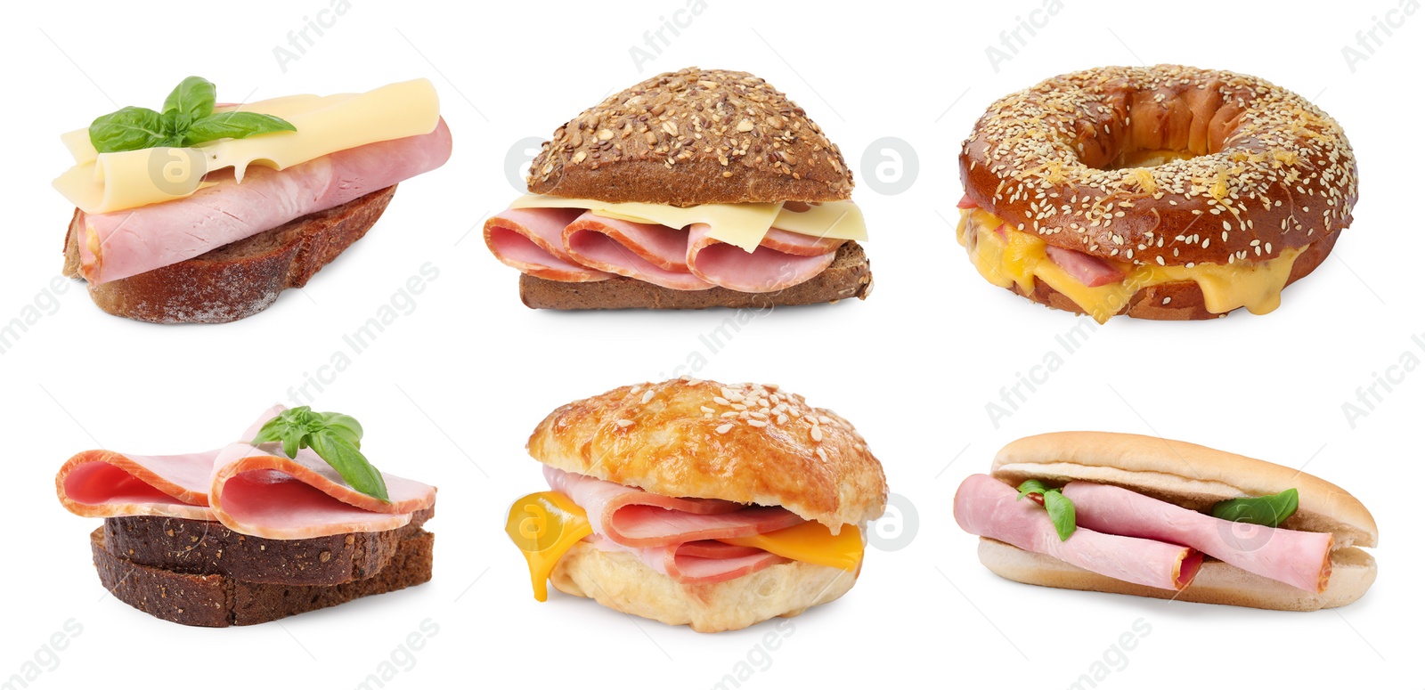 Image of Different tasty sandwiches with ham isolated on white, collection