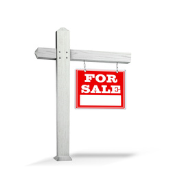 Real estate sign with phrase FOR SALE on white background