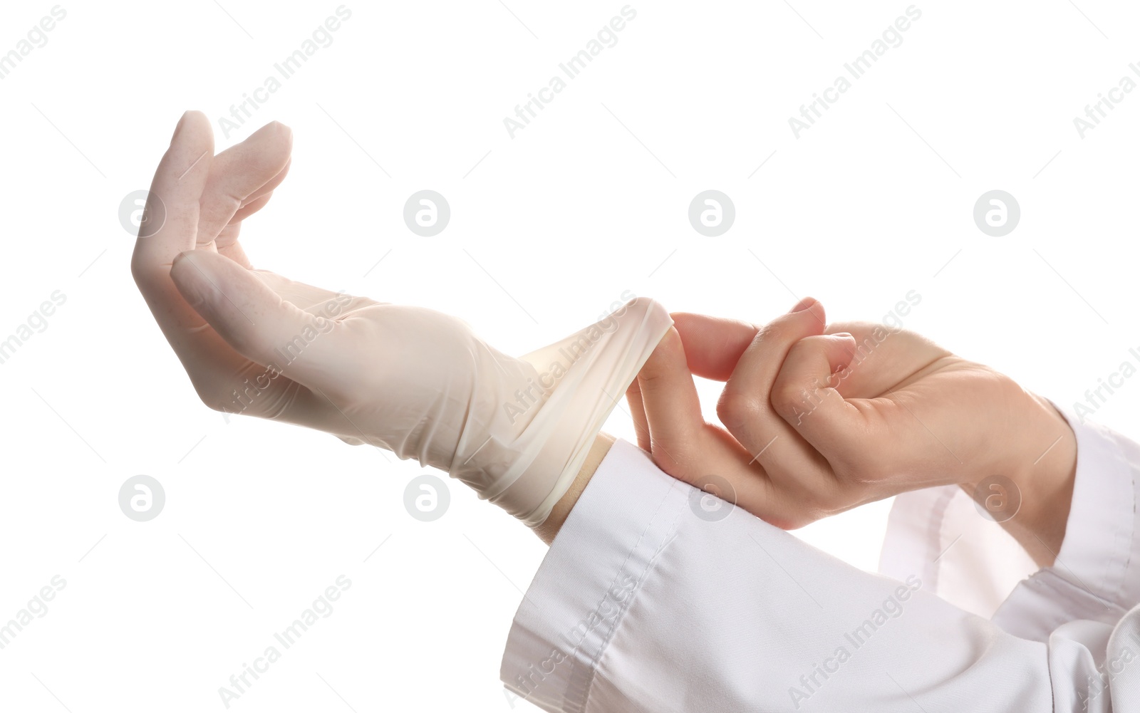 Photo of Doctor wearing medical gloves on white background, closeup