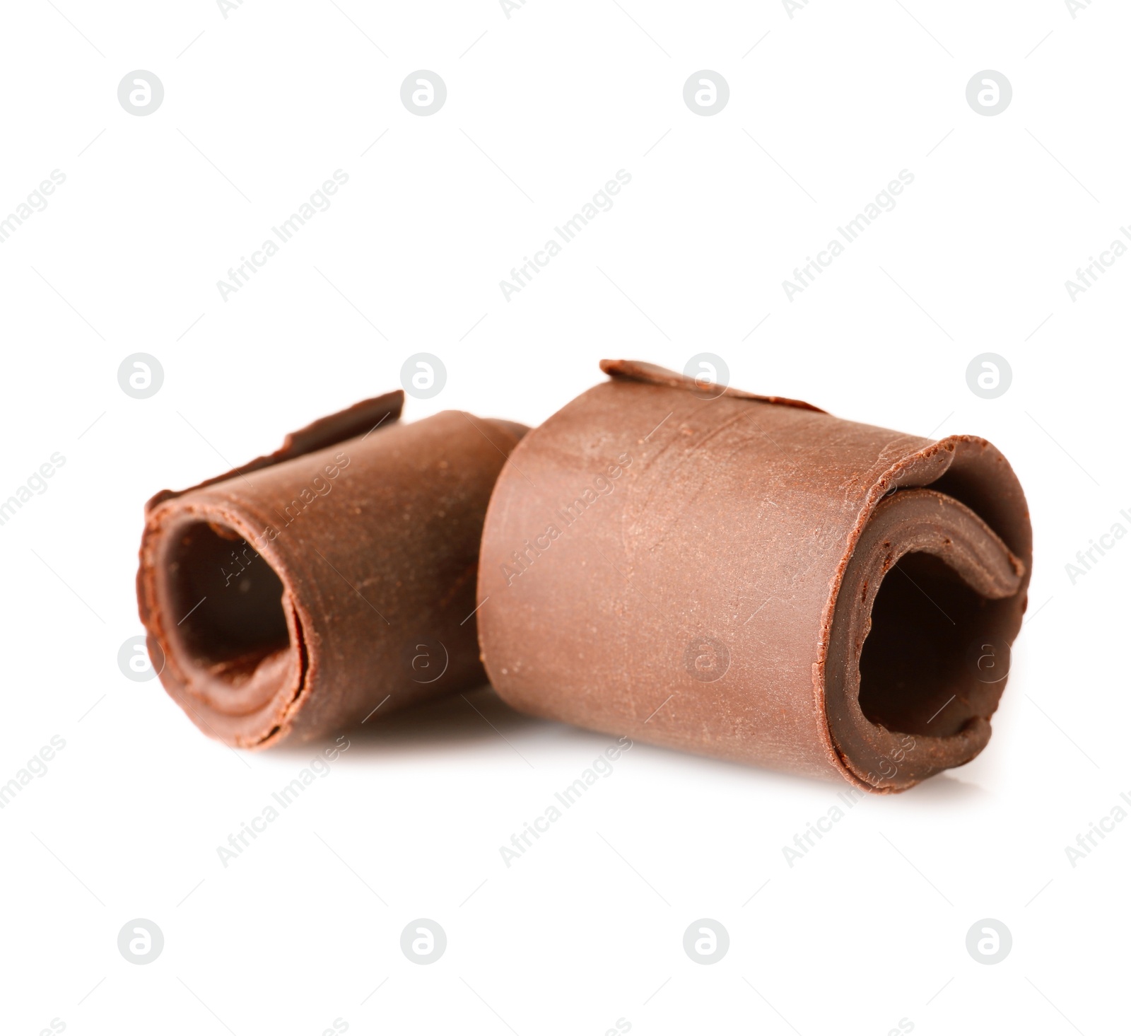 Photo of Yummy chocolate curls for decor on white background