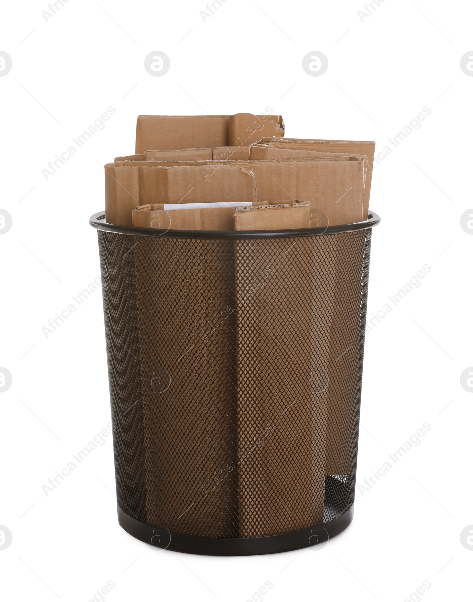 Photo of Trash bin full of cardboard on white background. Recycling rubbish
