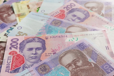 Different banknotes of Ukrainian money, closeup. National currency