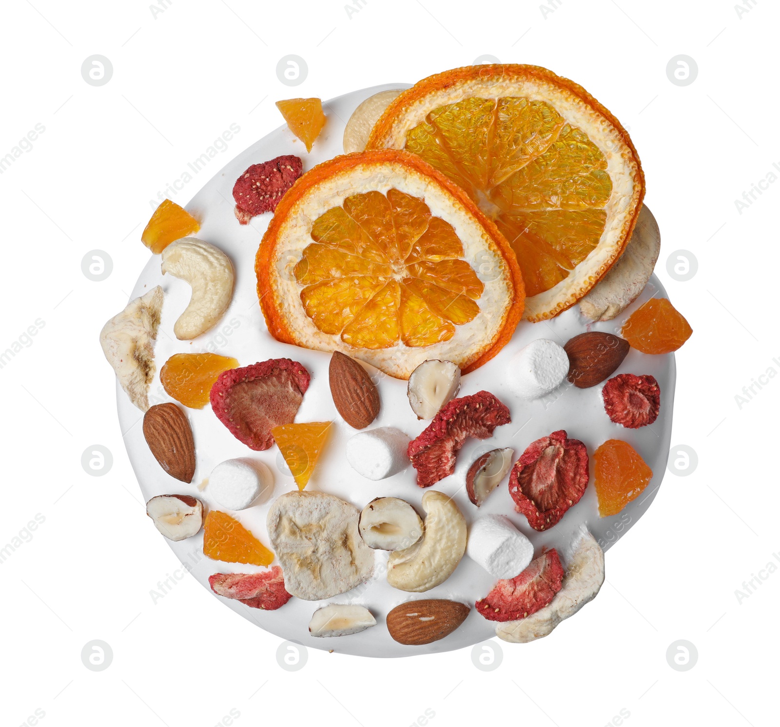 Photo of Traditional Easter cake with dried fruits and nuts isolated on white, top view