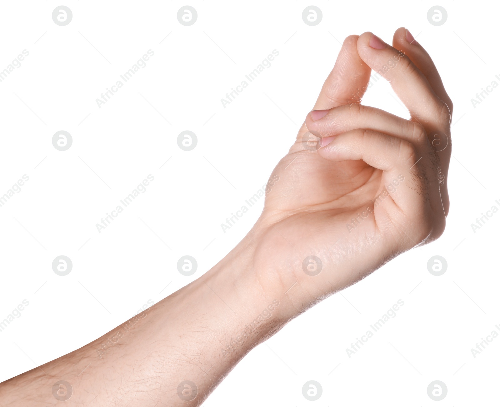 Photo of Man holding something on white background, closeup