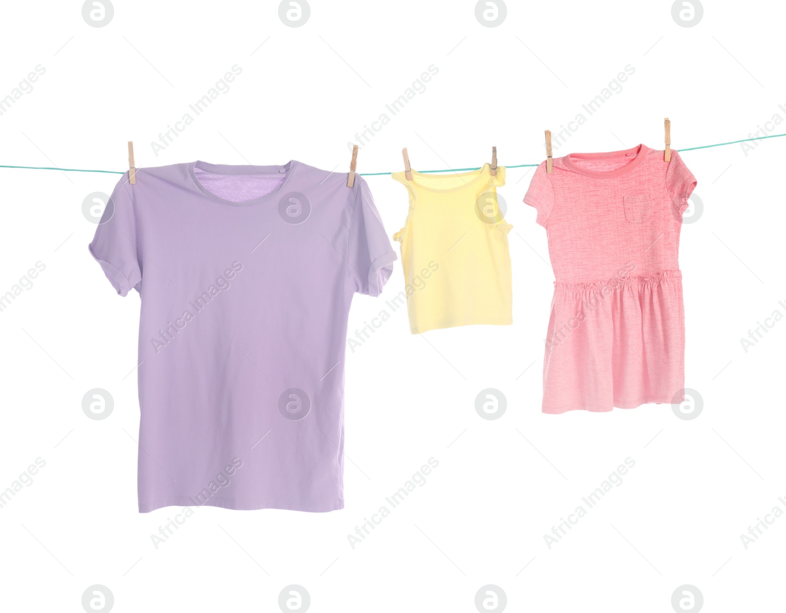 Photo of Clothes on laundry line against white background