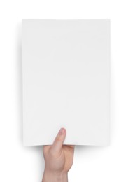 Woman holding sheet of paper on light grey background, closeup. Mockup for design