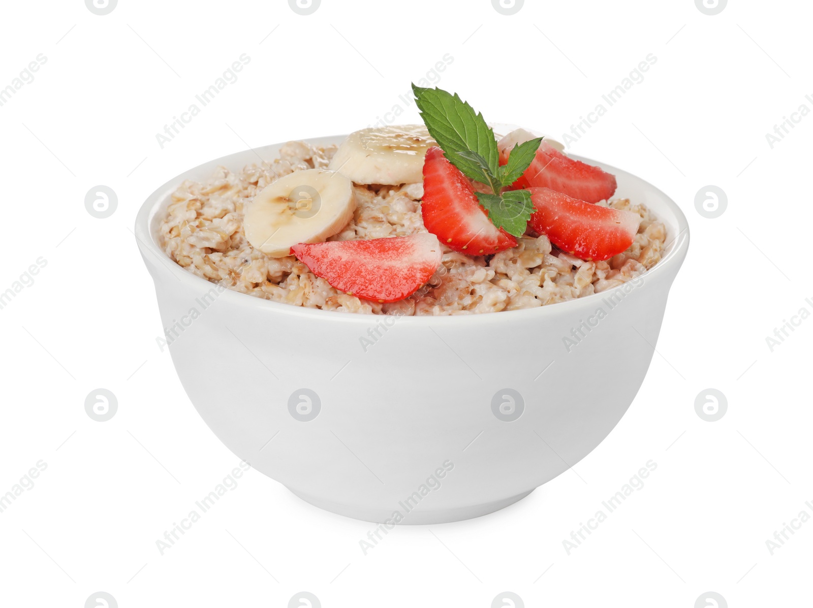 Photo of Tasty boiled oatmeal with strawberry and banana in bowl isolated on white