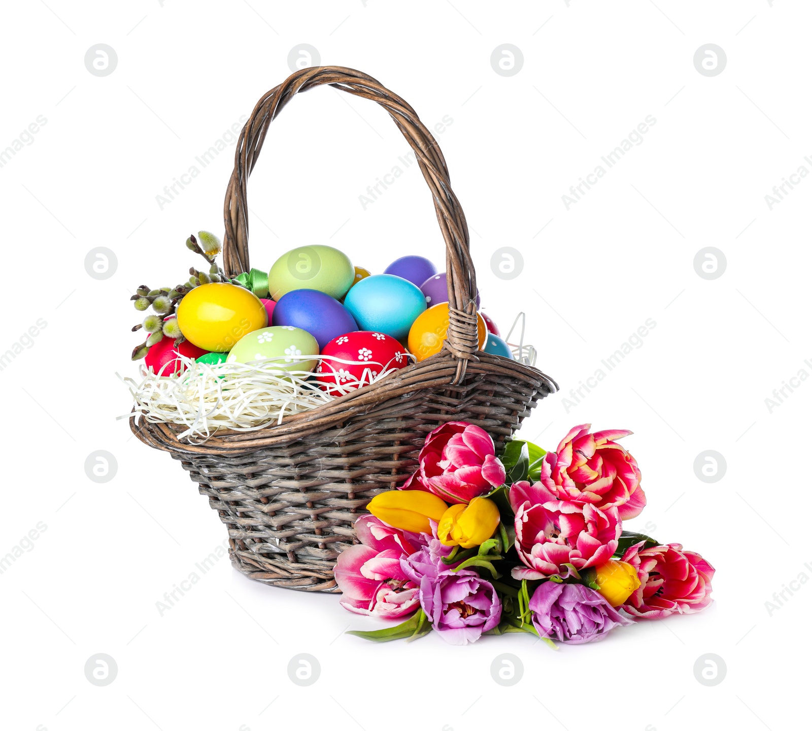 Photo of Wicker basket with bright painted Easter eggs and spring flowers on white background