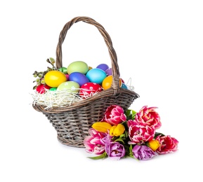 Wicker basket with bright painted Easter eggs and spring flowers on white background