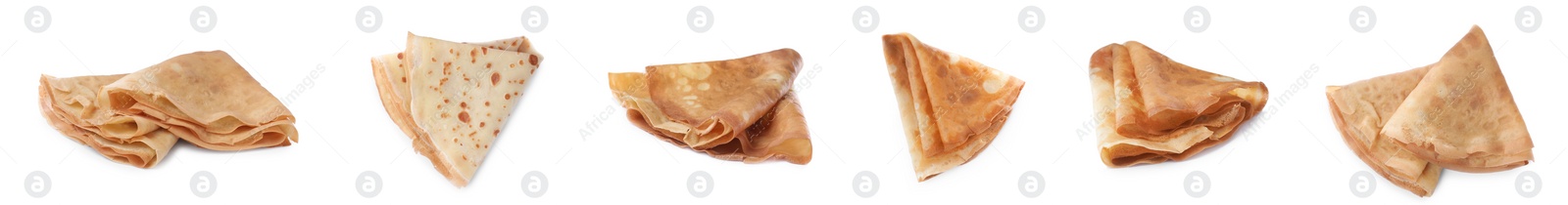 Image of Set of delicious crepes on white background. Banner design