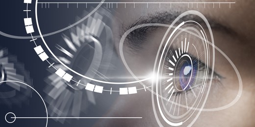 Image of Closeup view of woman in process of scanning, focus on eye