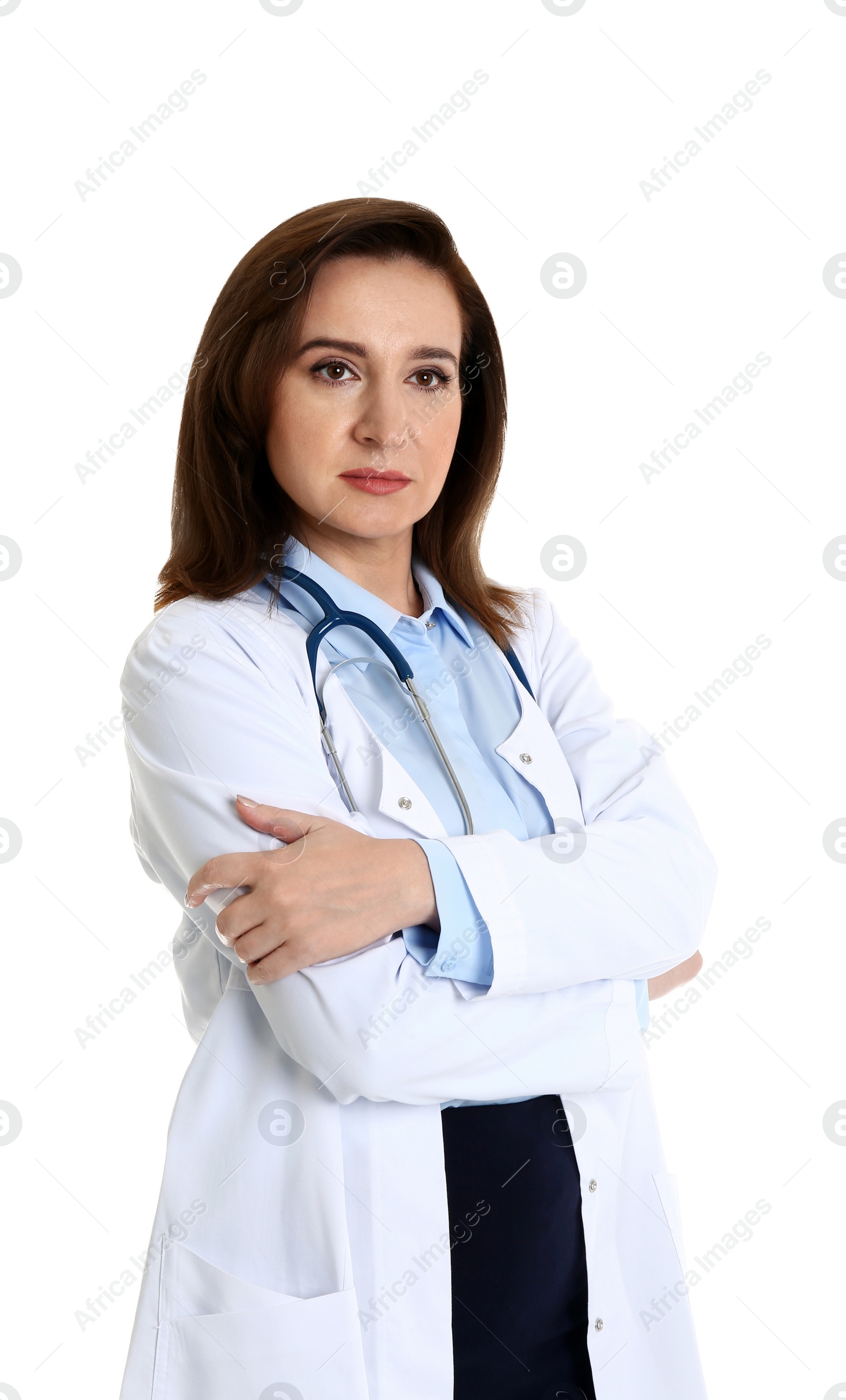 Photo of Portrait of experienced doctor in uniform on white background. Medical service