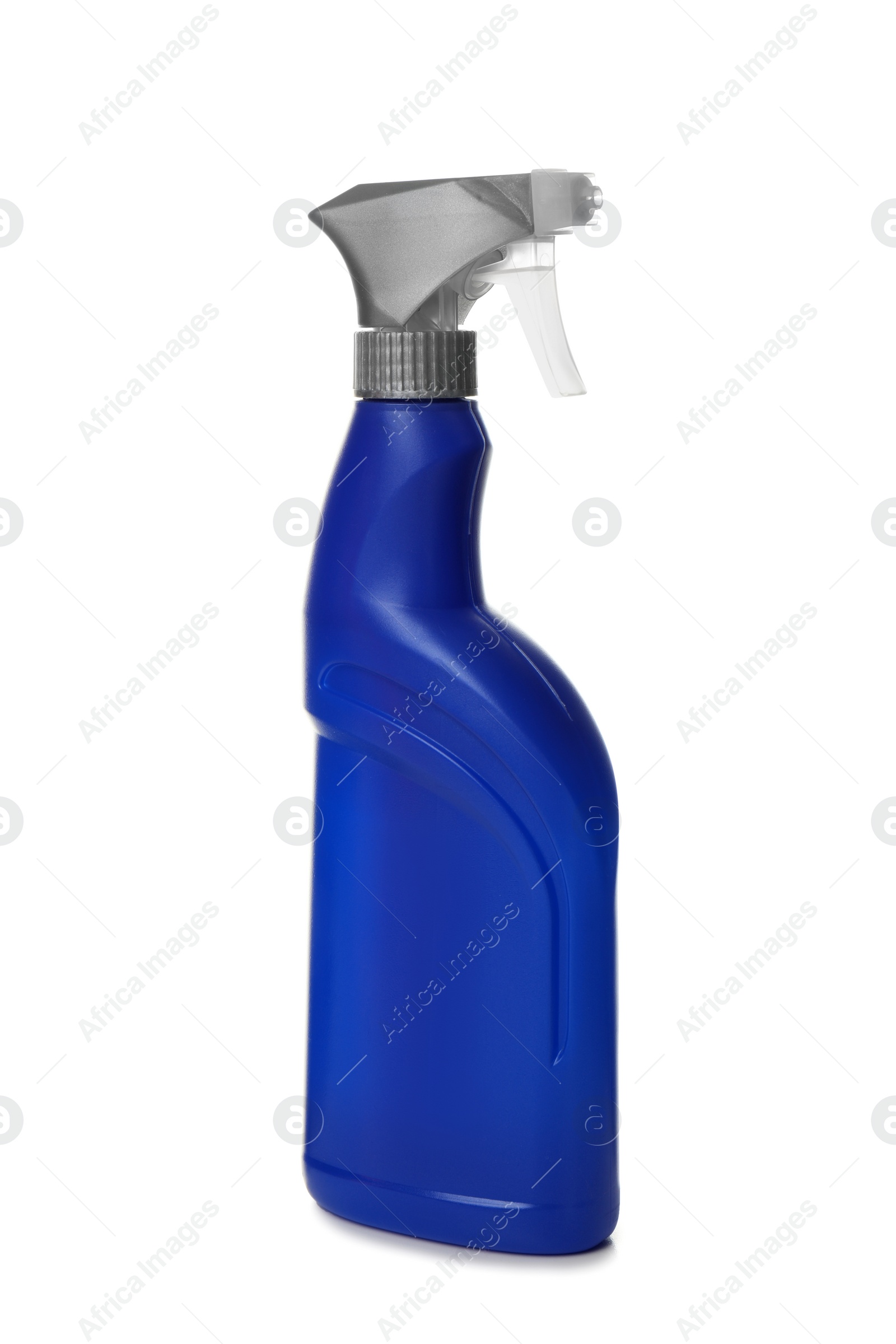 Photo of Spray bottle with detergent on white background. Cleaning supplies