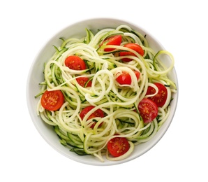 Photo of Delicious fresh zucchini pasta with cherry tomatoes on white background, top view