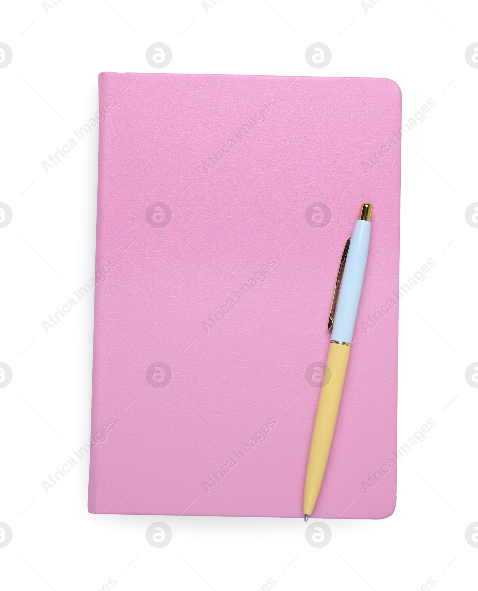 Photo of Closed office notebook and pen isolated on white, top view