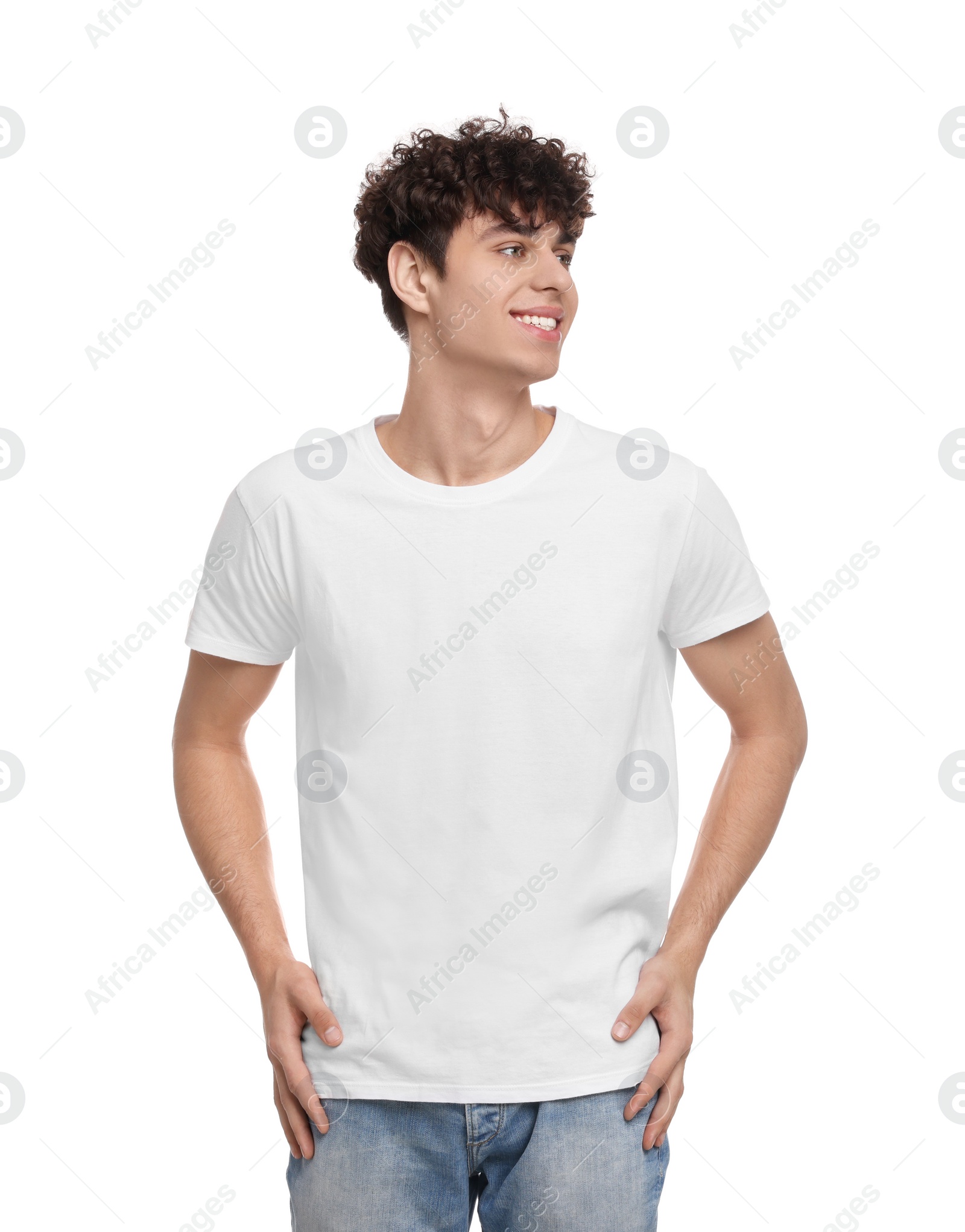Photo of Man wearing stylish t-shirt on white background. Mockup for design