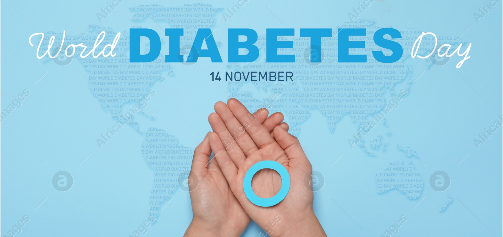 Image of World Diabetes Day, banner design. Woman holding blue paper circle, top view. Illustration of world map on color background