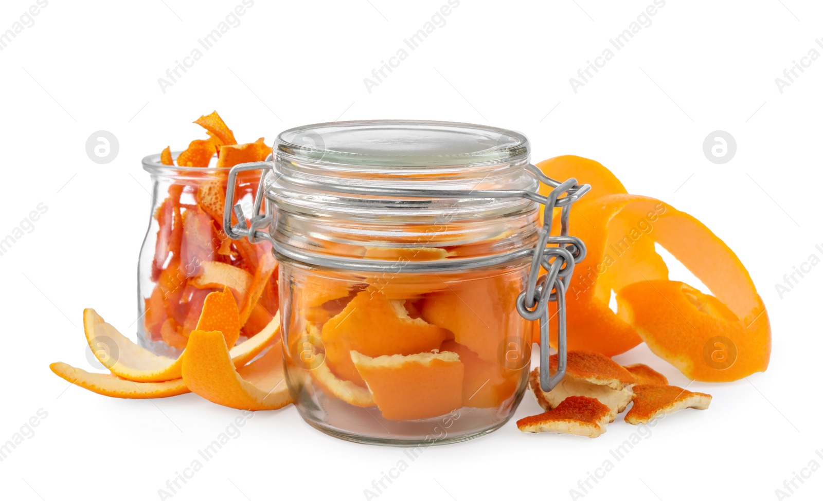 Photo of Different dry orange peels isolated on white