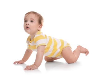 Cute little baby crawling on white background