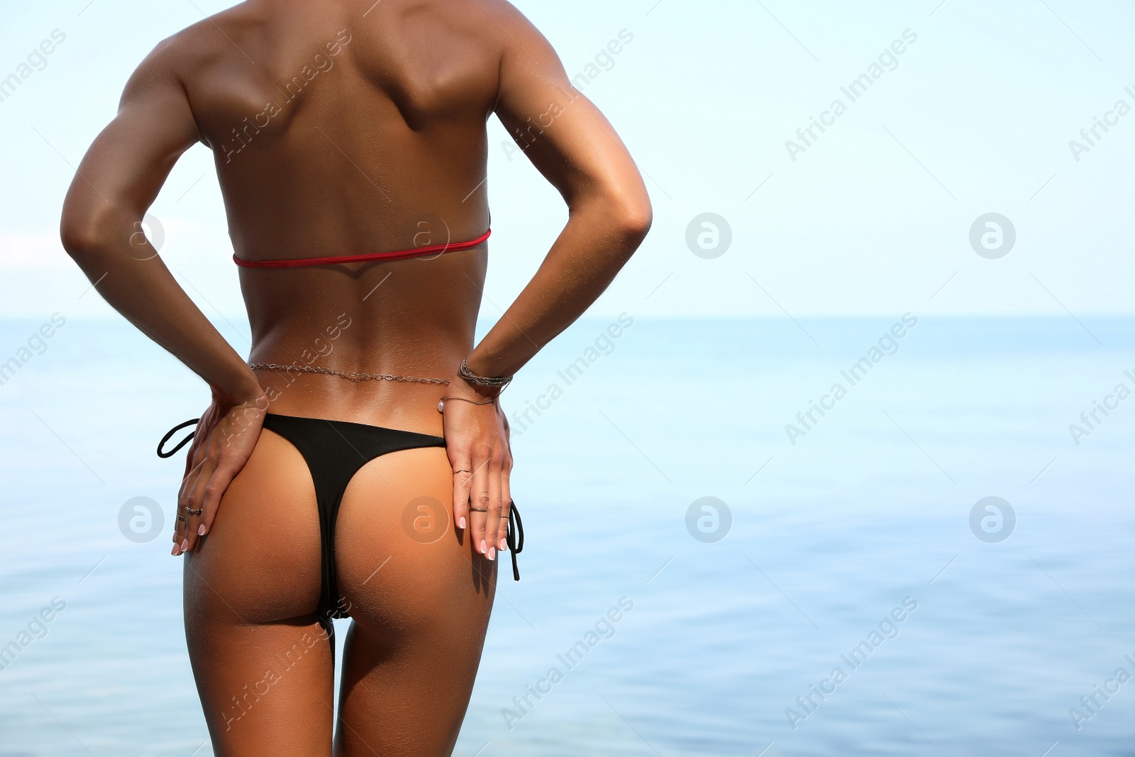 Photo of Sexy young woman in stylish bikini on seashore, closeup. Space for text