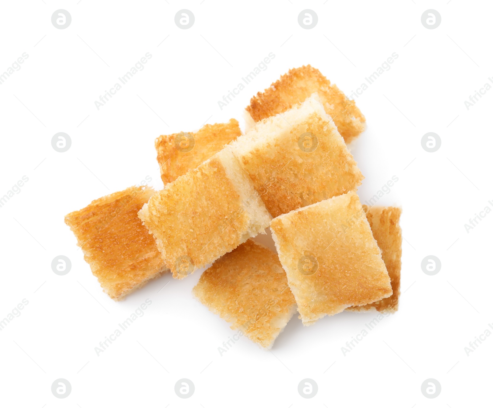 Photo of Delicious crispy croutons on white background, top view