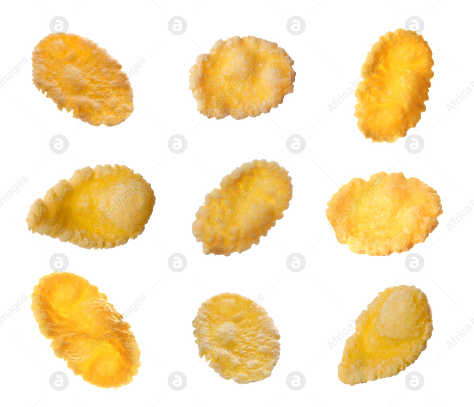 Image of Collage with tasty corn flakes on white background