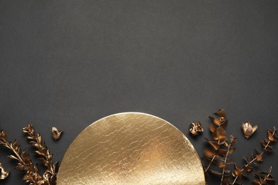 Photo of Flat lay composition with golden decor elements. Space for text