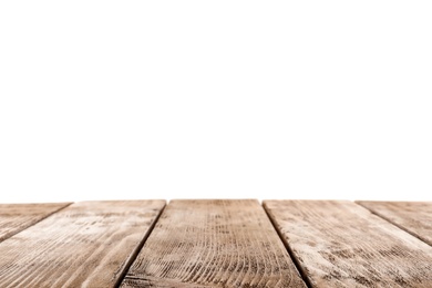 Empty wooden table surface on white background