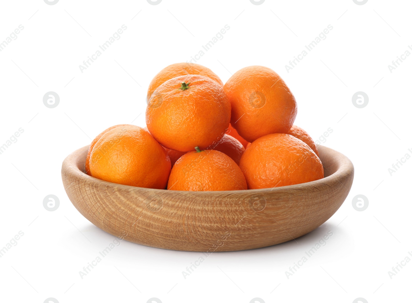 Photo of Fresh tangerines in wooden bowl on white background