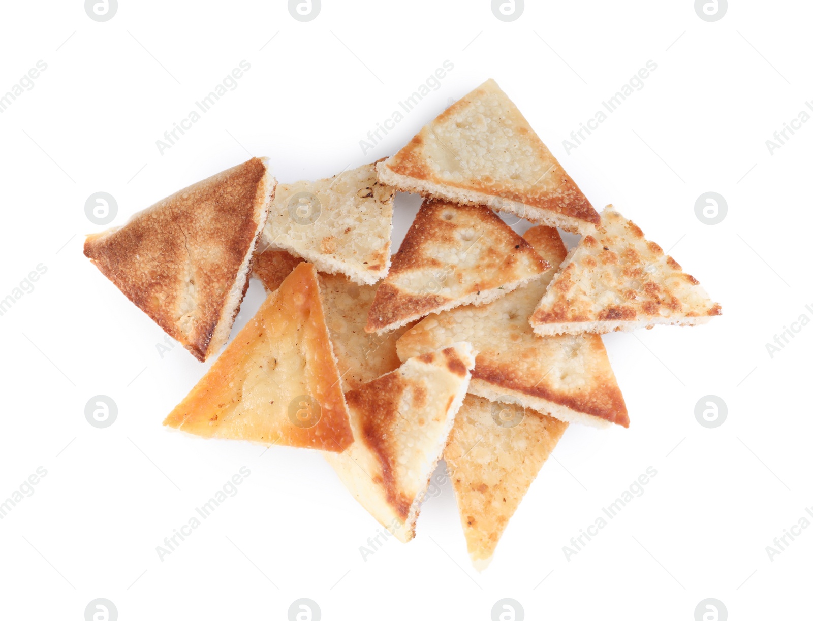 Photo of Delicious pita chips on white background, top view