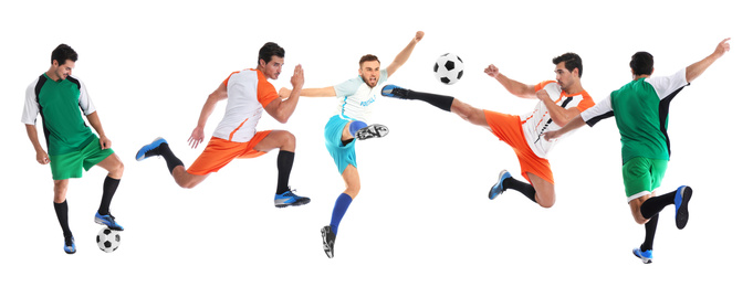 Collage with photos of young men playing football on white background. Banner design