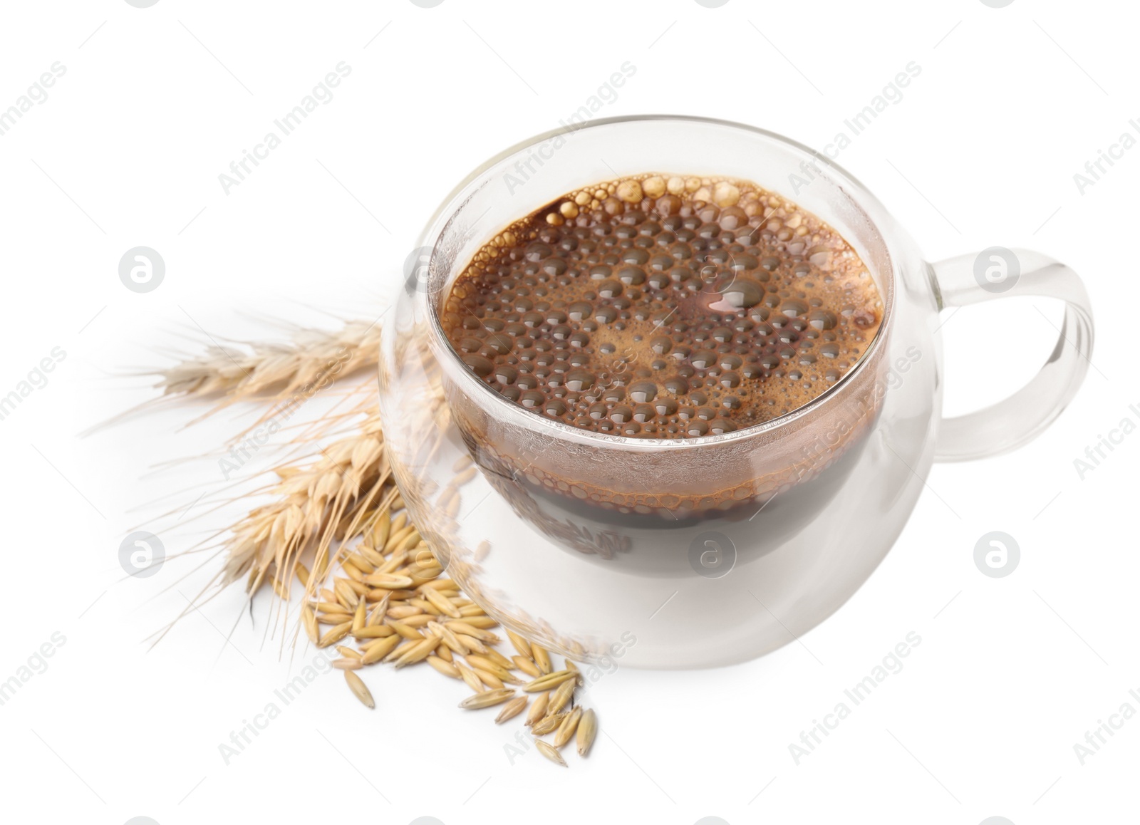 Photo of Cup of barley coffee, grains and spikes isolated on white