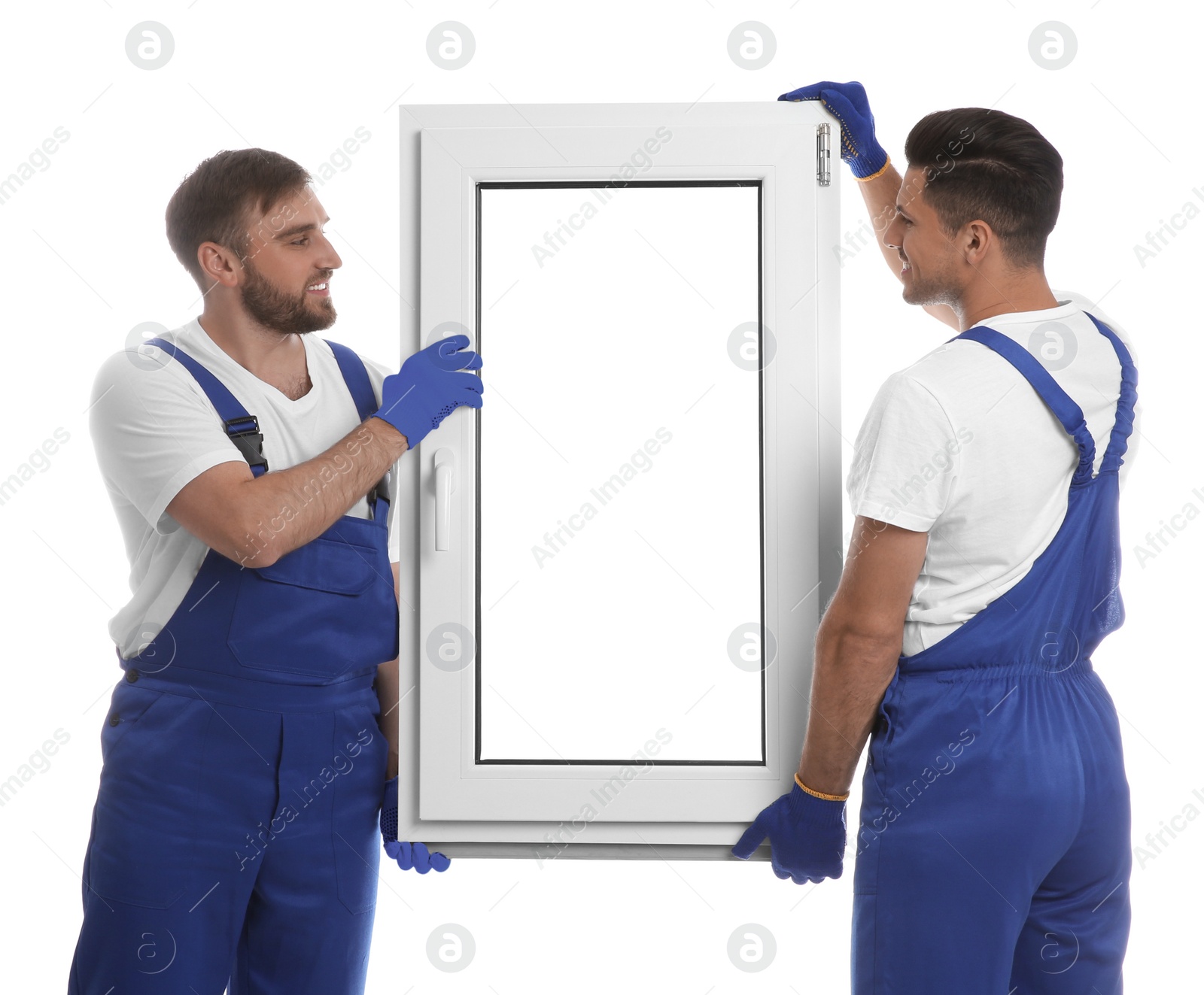 Photo of Workers with plastic window on white background. Installation service