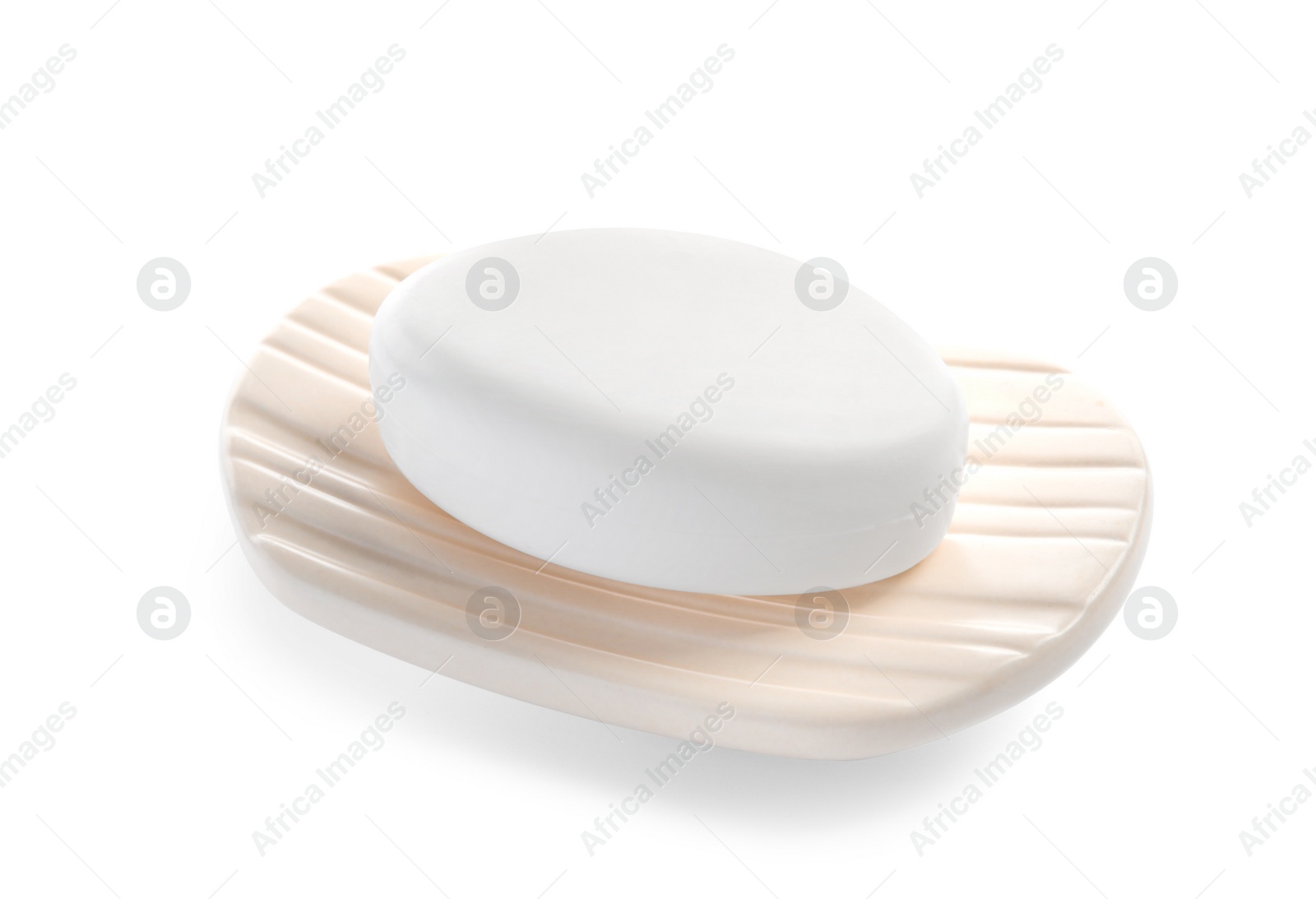 Photo of Holder with soap bar on white background