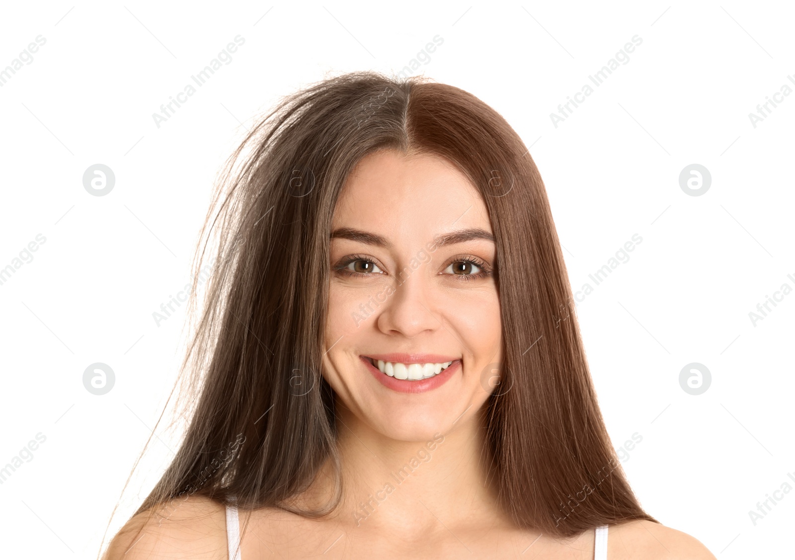 Image of Portrait of beautiful woman before and after hair coloring on white background 