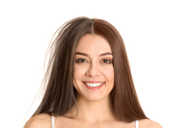 Portrait of beautiful woman before and after hair coloring on white background 