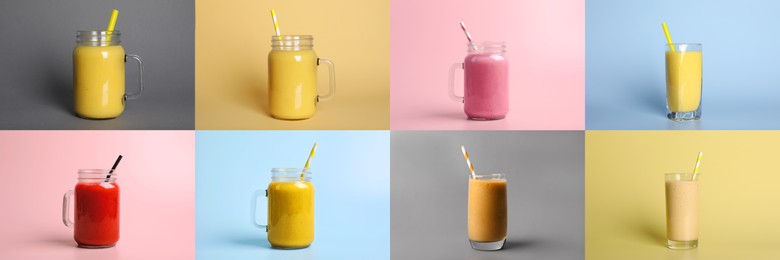 Image of Collage with various smoothies on different color backgrounds. Banner design