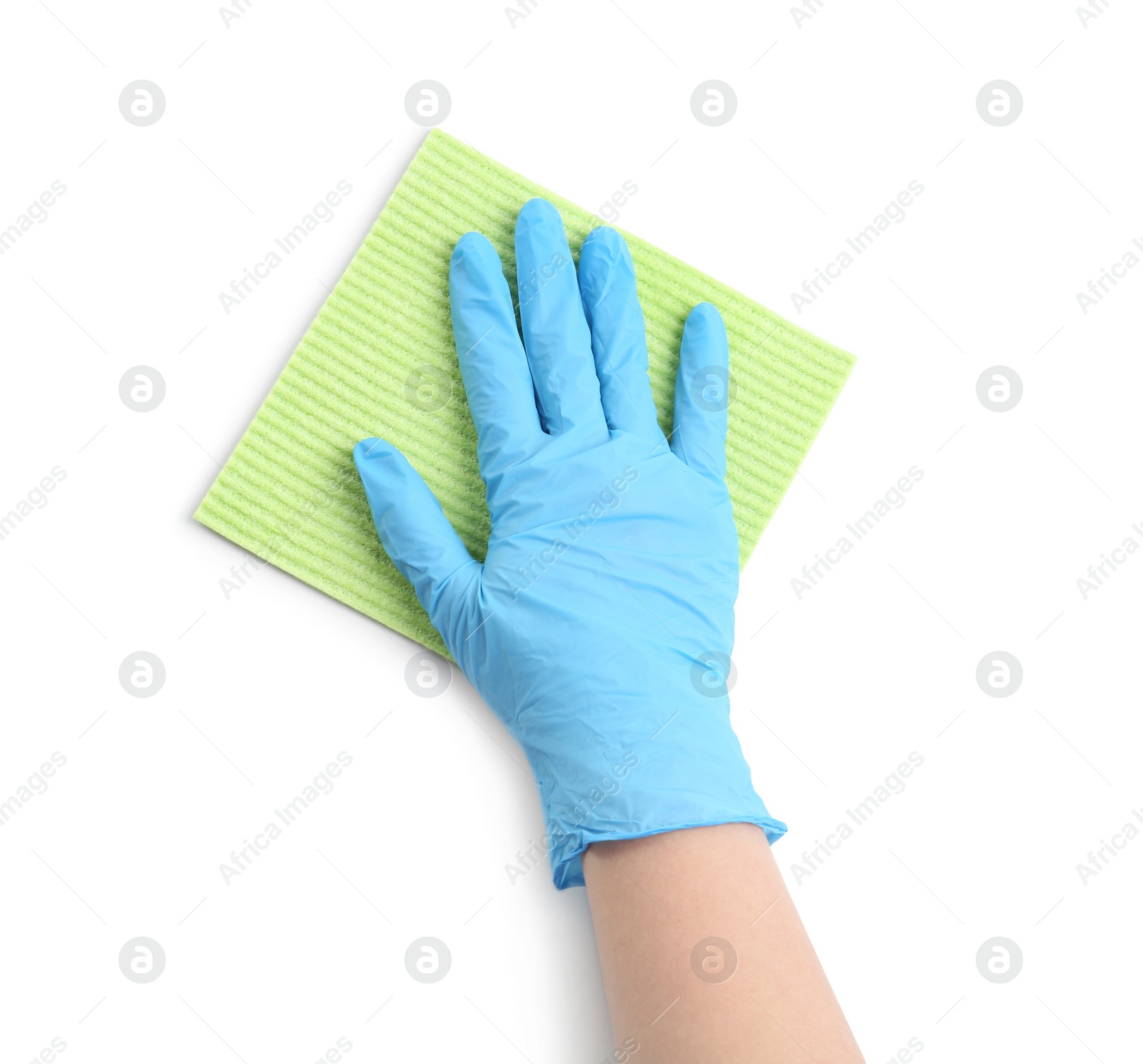 Photo of Woman in blue rubber gloves with rag on white background, top view