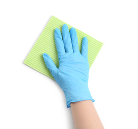 Photo of Woman in blue rubber gloves with rag on white background, top view