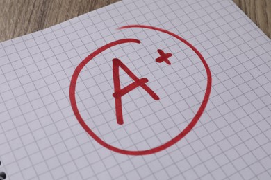 School grade. Red letter A with plus symbol on notebook paper, closeup