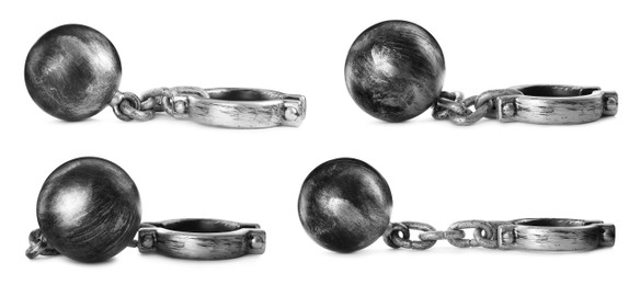 Set with metal balls and chains on white background, banner design 