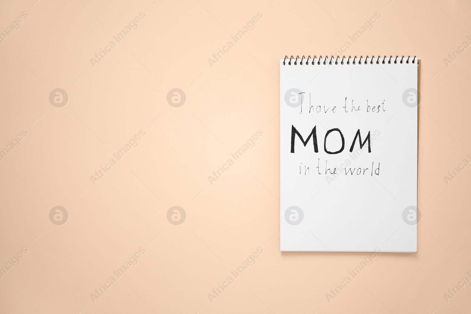 Photo of Notebook with text "I have the best mom in the world" on light background, top view. Mother's Day congratulation