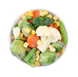 Photo of Mix of different frozen vegetables in bowl isolated on white, top view