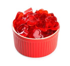Photo of Tasty heart shaped jelly candies on white background