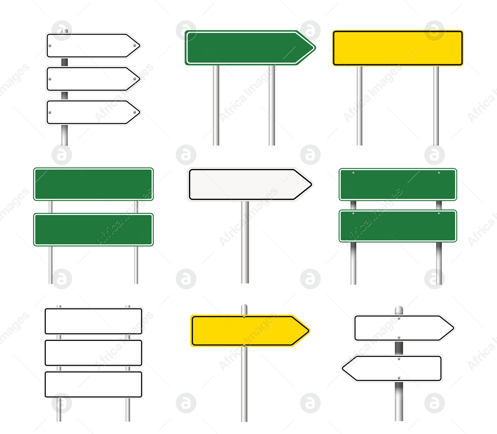 Image of Different blank road signs on white background, collage design