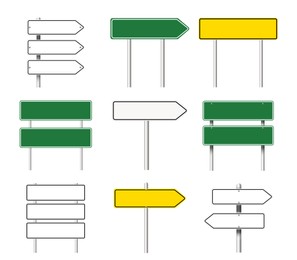 Image of Different blank road signs on white background, collage design