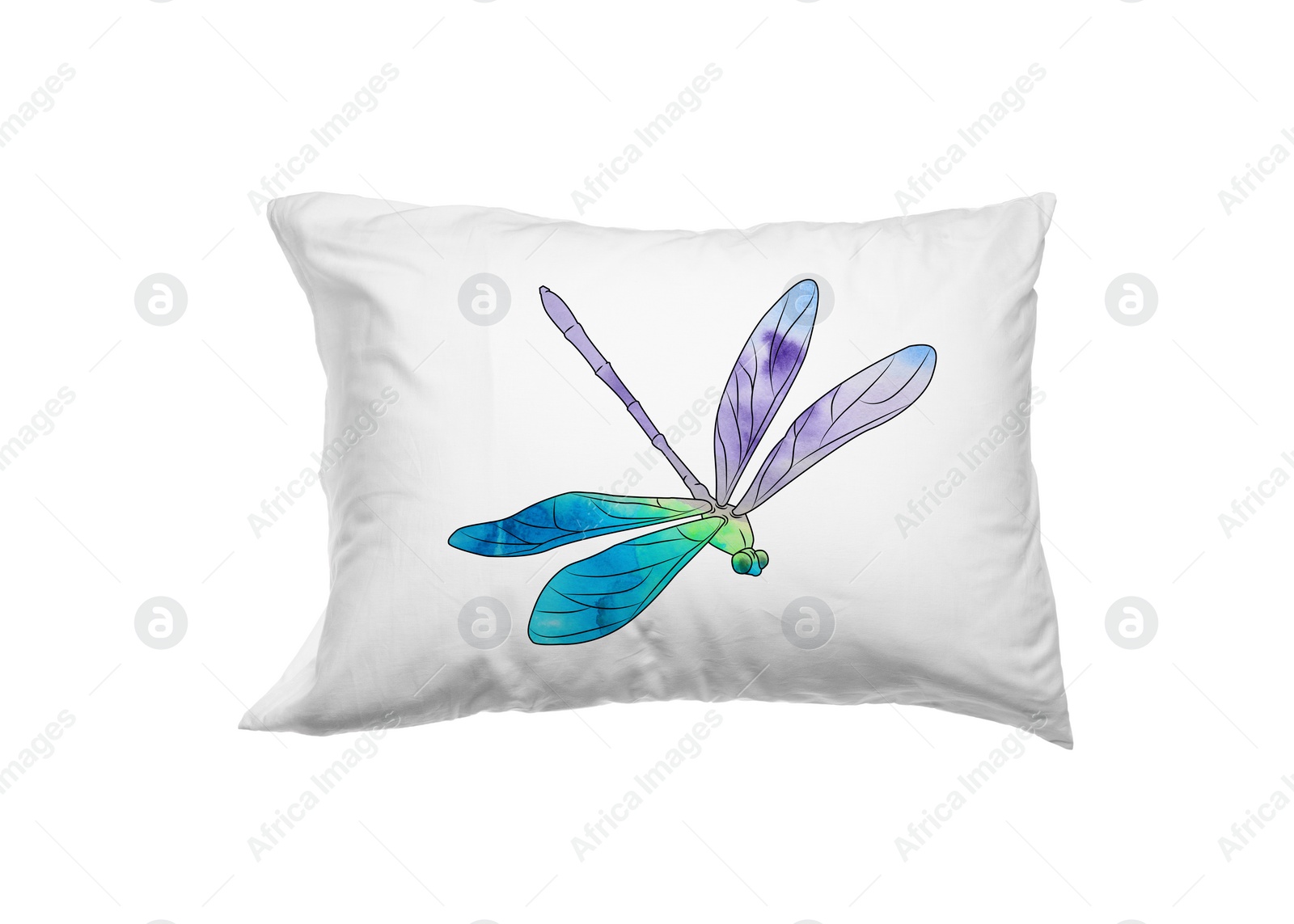 Image of Soft pillow with printed dragonfly isolated on white