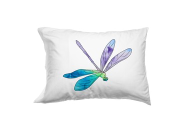 Image of Soft pillow with printed dragonfly isolated on white