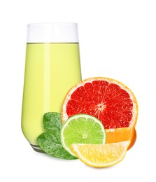 Image of Glass with tasty lemonade, fresh ripe citrus fruits and mint on white background