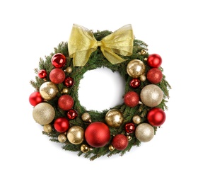 Photo of Beautiful Christmas wreath with festive decor isolated on white, top view